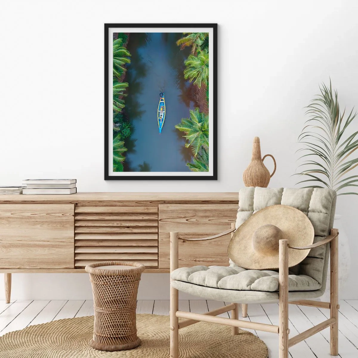 Poster in black frame - Aerial view of a boat floating on a tropical river - 50x70cm - On Tropical Trail - Modern wall decoration for the living room and bedroom ARTTOR