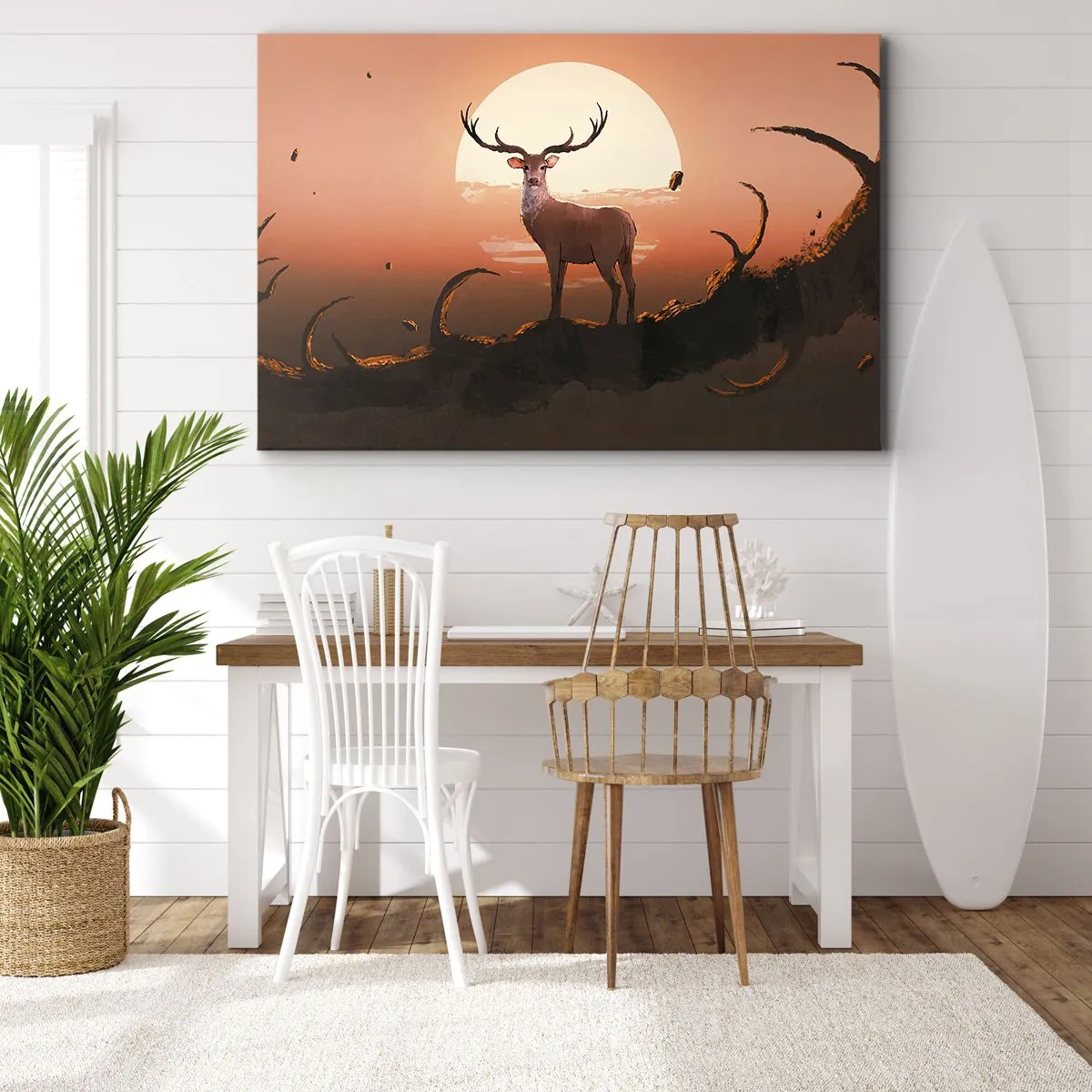 Canvas picture - A deer against the backdrop of the setting sun and a surreal landscape - 70x50cm - This Night Is Like No Other - Modern wall decoration for the living room and bedroom ARTTOR