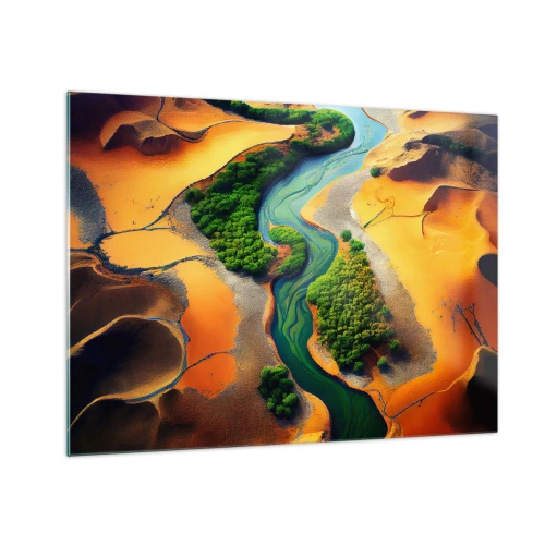 Glass picture - Green oases and a river among orange dunes - 70x50cm - Life-giving River - Modern wall decoration for the living room and bedroom ARTTOR