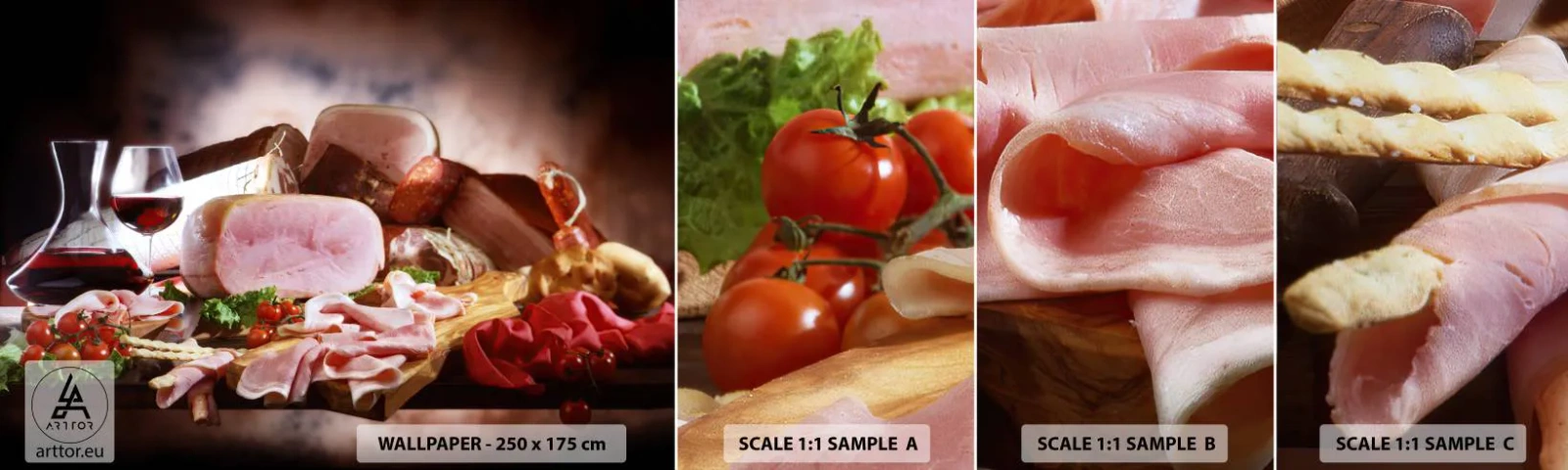 Photo Wallpaper Sample Self-Adhesive Deluxe Sticker - Culinary Dream with a Decanter - Gastronomy, Meats, Tomatoes - 100x30 cm