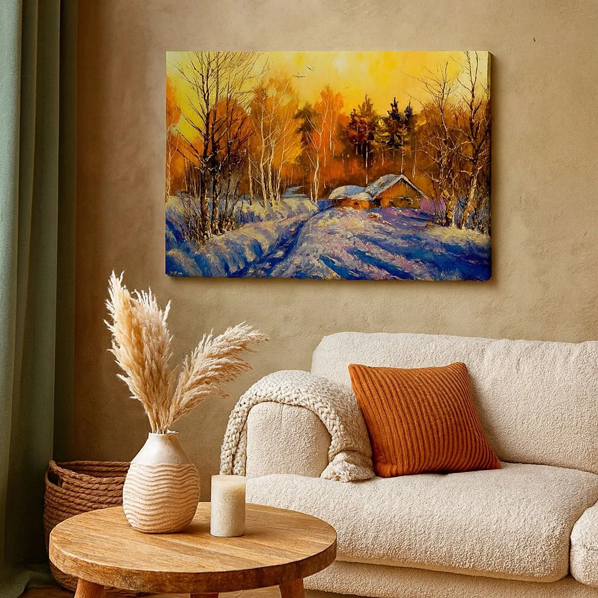 Canvas picture - Winter landscape with a house in the light of the setting sun - 70x50cm - Winter Impression in the Sun - Modern wall decoration for the living room and bedroom ARTTOR