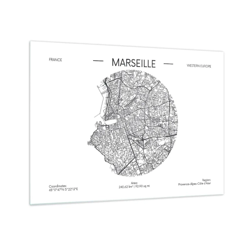 Glass picture - Black and white map of the city of Marseille in a modern style - 70x50cm - Anatomy of Marseille - Modern wall decoration for the living room and bedroom ARTTOR