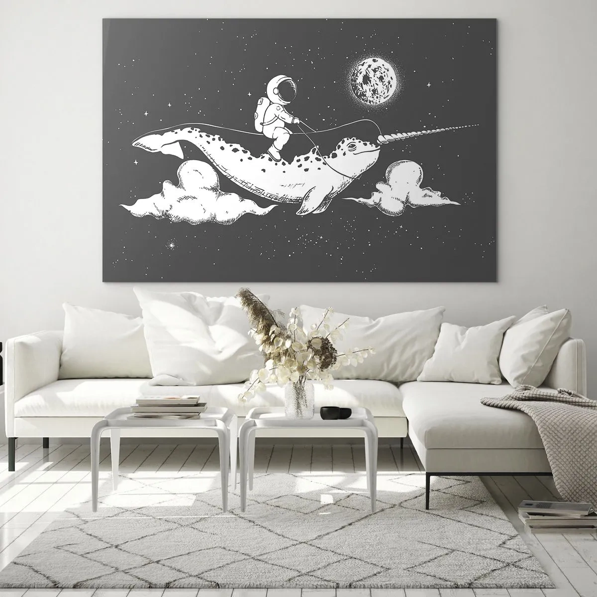 Glass picture - Astronaut riding a narwhal in a space setting - 70x50cm - Space Rider - Modern wall decoration for the living room and bedroom ARTTOR