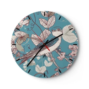 Wall clock - Clock on glass - A clock face with a bird motif surrounded by leaves and flowers in delicate colors. - 30x30cm - In the Whitewood Chirps and Silvery - Modern wall decoration for the living room, kitchen, and bedroom ARTTOR