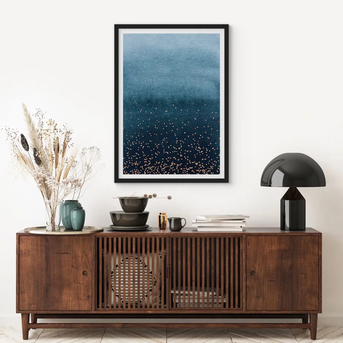 Poster in black frame - Blue gradient with gold accents - 50x70cm - Composition - Blue Phases - Modern wall decoration for the living room and bedroom ARTTOR