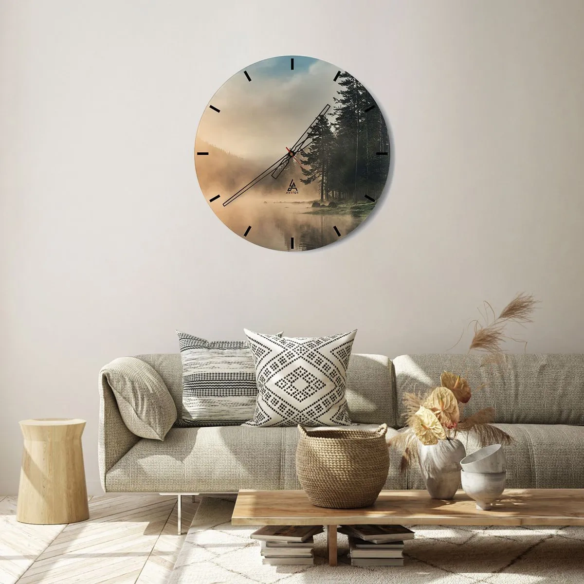 Wall clock - Clock on glass - A misty forest landscape over a tranquil lake - 30x30cm - Birth of a Day - Modern wall decoration for the living room, kitchen, and bedroom ARTTOR