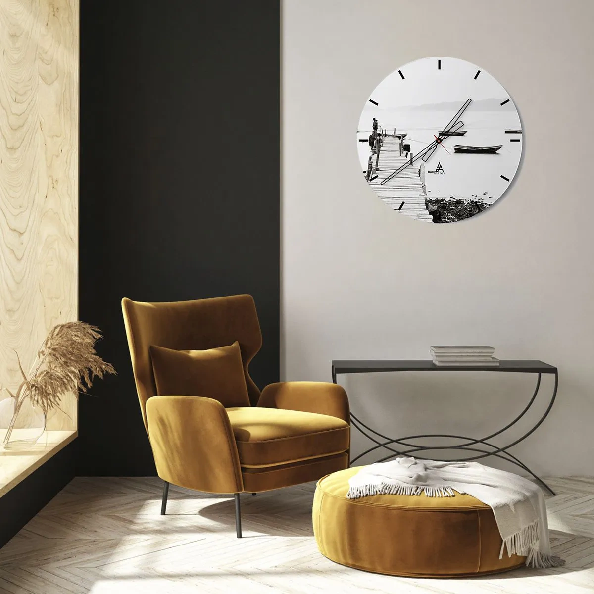 Wall clock - Clock on glass - A jetty and boats on calm water in shades of gray - 30x30cm - By Waters Still and Clear - Modern wall decoration for the living room, kitchen, and bedroom ARTTOR