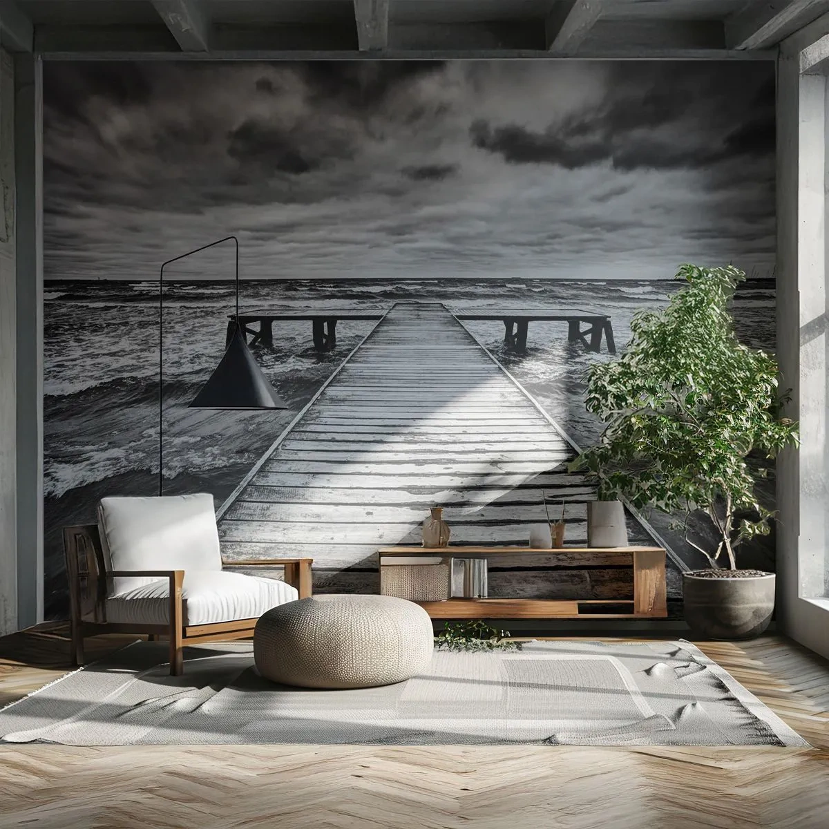 Photo Wallpaper Standard Eco - Wooden pier in black and white - 100x70cm - Waiting for the Wind to Blow away - Modern wall decoration for the living room and bedroom ARTTOR