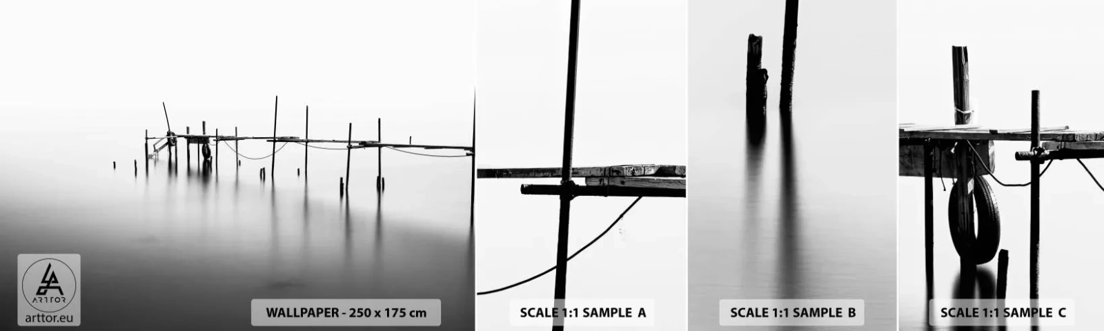 Photo Wallpaper Sample Standard Eco - And If the World Doesn't Exist? - Landscape, Wooden Bridge, Black and white - 100x30 cm