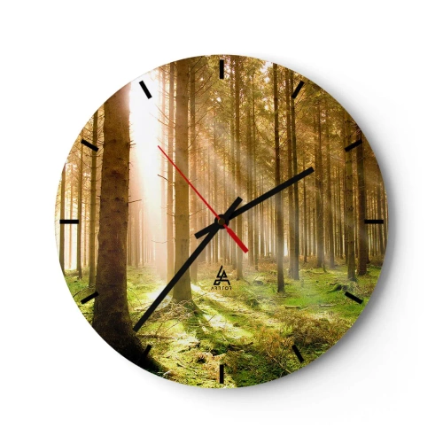 Wall clock - Clock on glass - Sunny forest with rays of light - 30x30cm - Elfs Will Be Here Soon - Modern wall decoration for the living room, kitchen, and bedroom ARTTOR