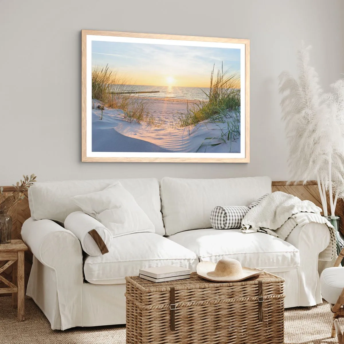 Poster in light oak frame - Sound of the Sea, Singing of the Birds, Wild Beach among Grass - 100x70 cm