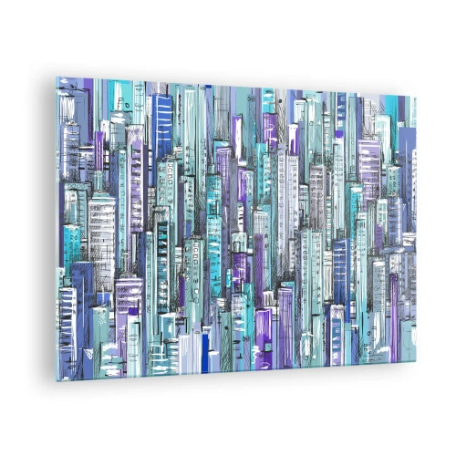 Glass picture - Illustration of a city full of skyscrapers in cool shades - 70x50cm - Blue as the Sky - Modern wall decoration for the living room and bedroom ARTTOR