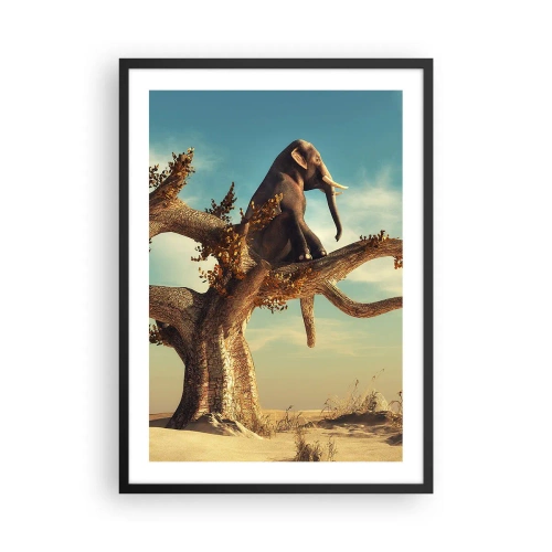 Poster in black frame - An elephant sitting on a tree branch in a surreal landscape. - 50x70cm - New Point of View - Modern wall decoration for the living room and bedroom ARTTOR