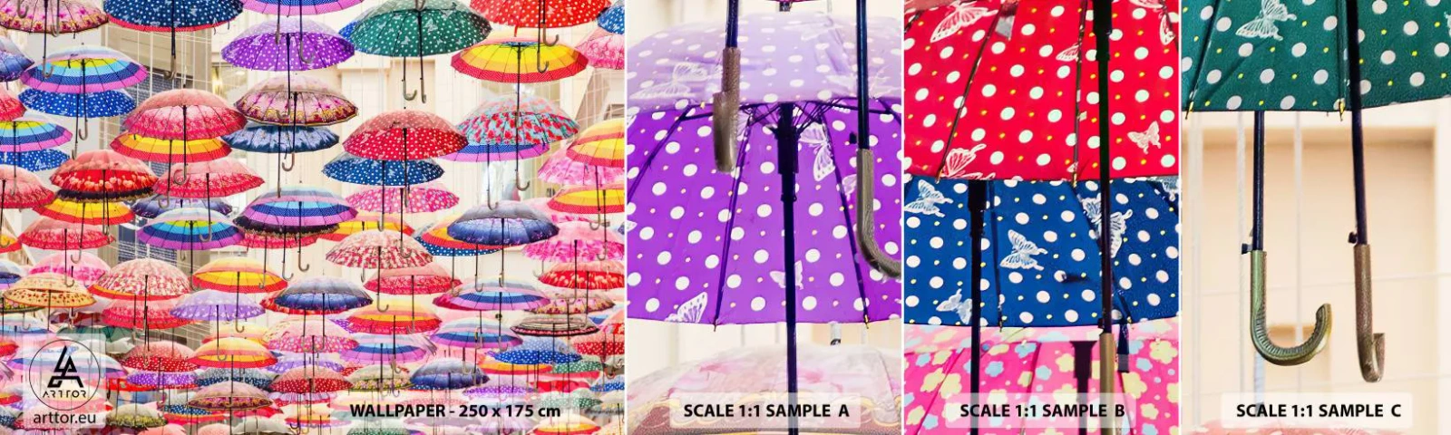 Photo Wallpaper Sample Self-Adhesive Deluxe Sticker - City Meadow - City, Colorful Umbrellas, Piece - 100x30 cm