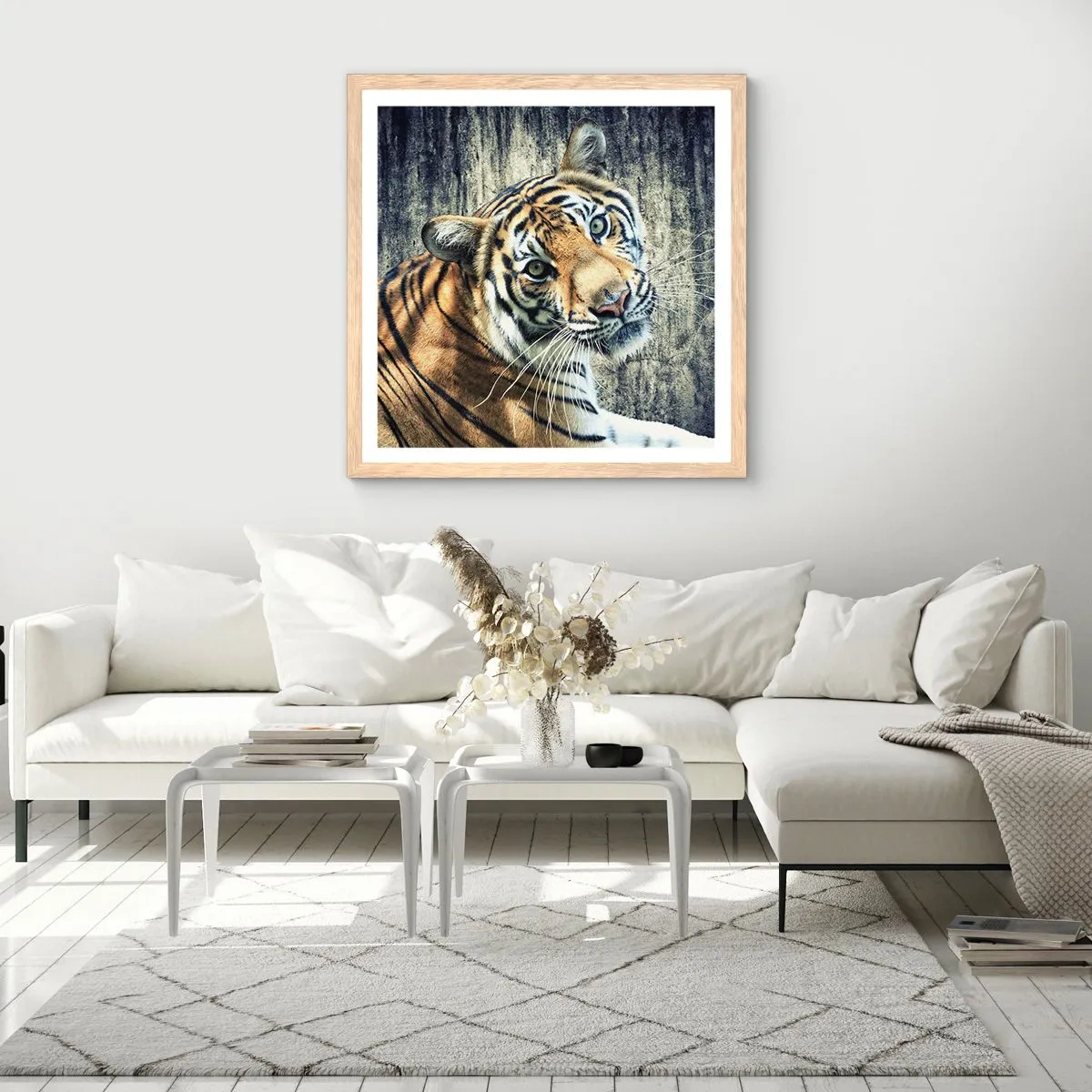 Poster in light oak frame - Portrait in Rays of Light - 60x60 cm