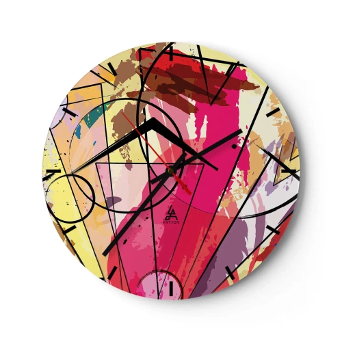 Wall clock - Clock on glass - A clock face with a dynamic, colorful pattern resembling an explosion of paint - 30x30cm - Explosion - Modern wall decoration for the living room, kitchen, and bedroom ARTTOR