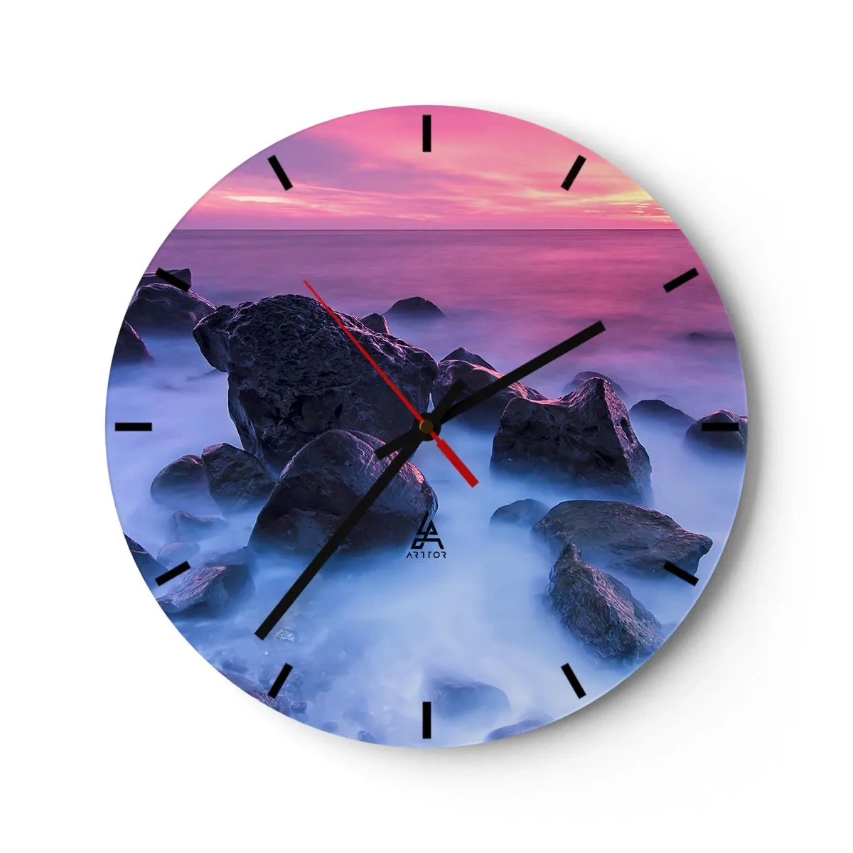 Wall clock - Clock on glass - Stones by the sea at sunset in pink tones - 30x30cm - Born in Light and Mist - Modern wall decoration for the living room, kitchen, and bedroom ARTTOR
