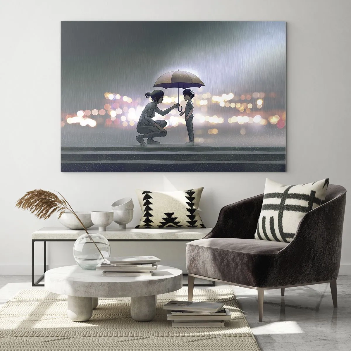 Glass picture - Figures in the rain with umbrellas against the background of night lights - 70x50cm - And Everything Is All Right - Modern wall decoration for the living room and bedroom ARTTOR