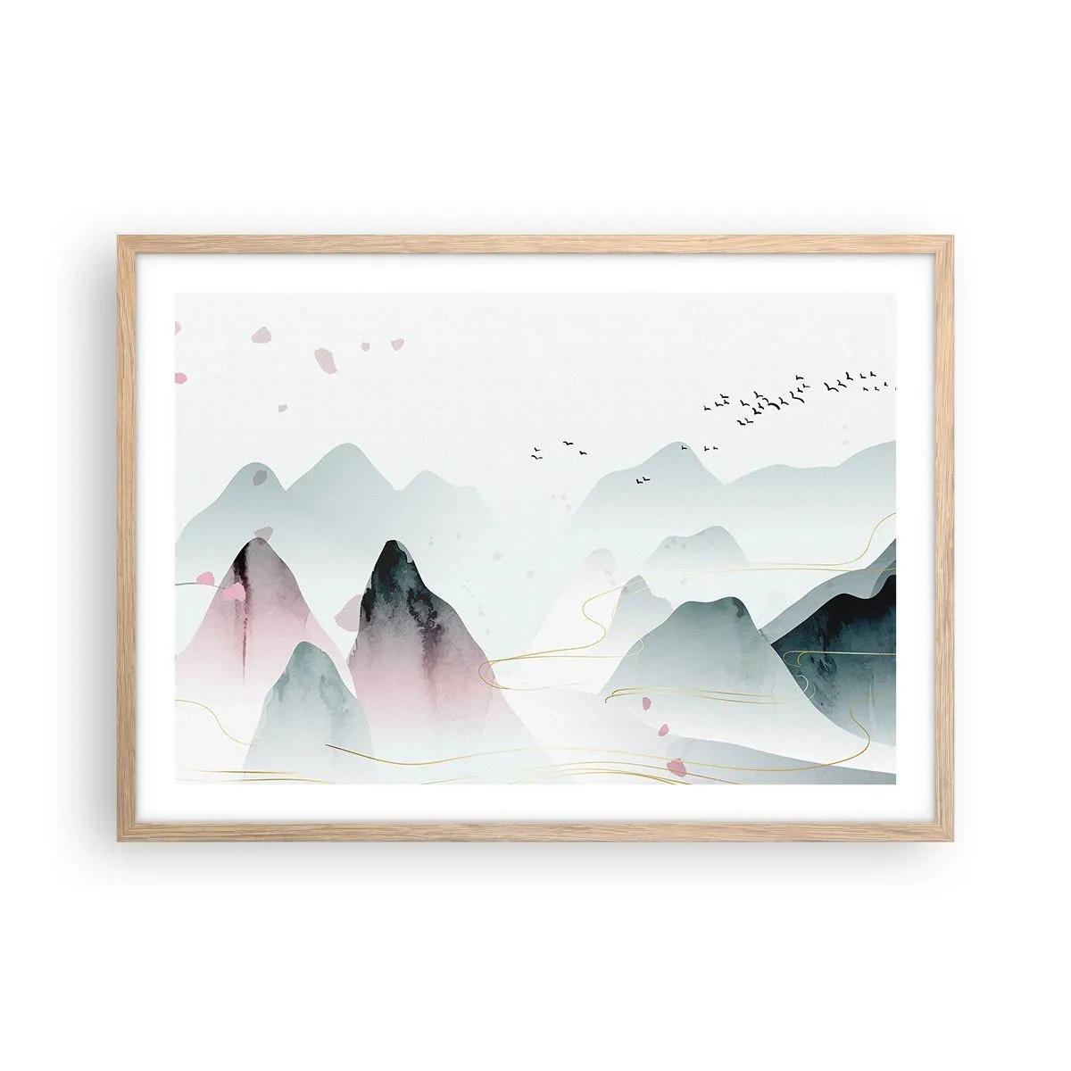 Poster in light oak frame - Over the Peaks - 70x50 cm