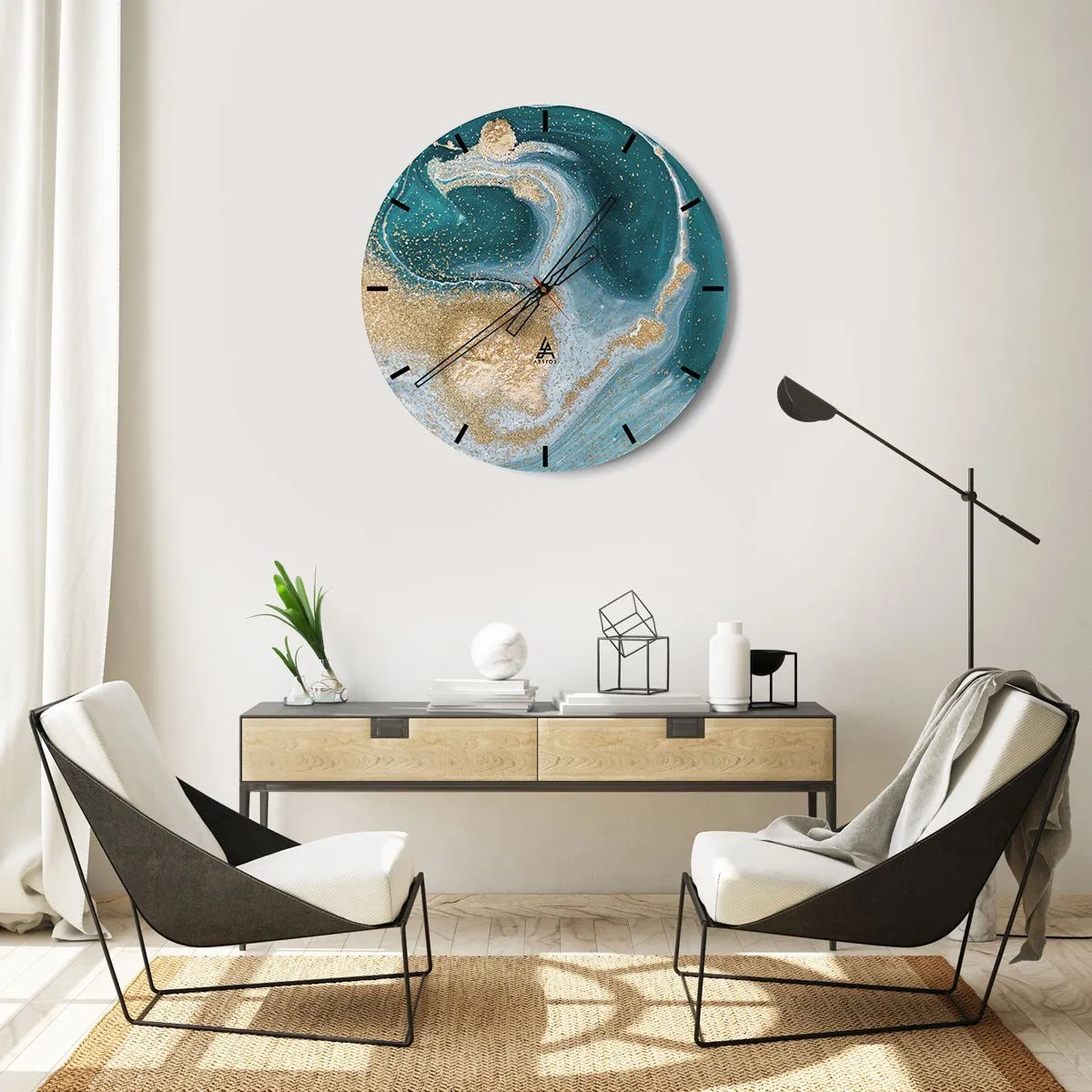 Wall clock - Clock on glass - Swirl of Gold and Turquiose - 40x40 cm