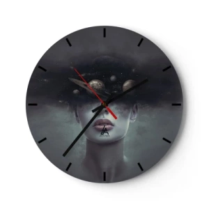 Wall clock - Clock on glass - A cosmic composition of planets in a woman's head against a dark background. - 30x30cm - And Planets are Revolving… - Modern wall decoration for the living room, kitchen, and bedroom ARTTOR