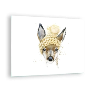 Glass picture - A roe deer in a woolen hat with a pompom - 70x50cm - For Winter in a Snowy Forest - Modern wall decoration for the living room and bedroom ARTTOR