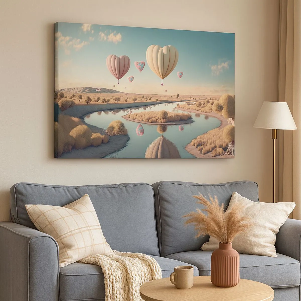 Canvas picture - Heart-shaped balloons floating over the landscape - 70x50cm - Love Lifts You up - Modern wall decoration for the living room and bedroom ARTTOR