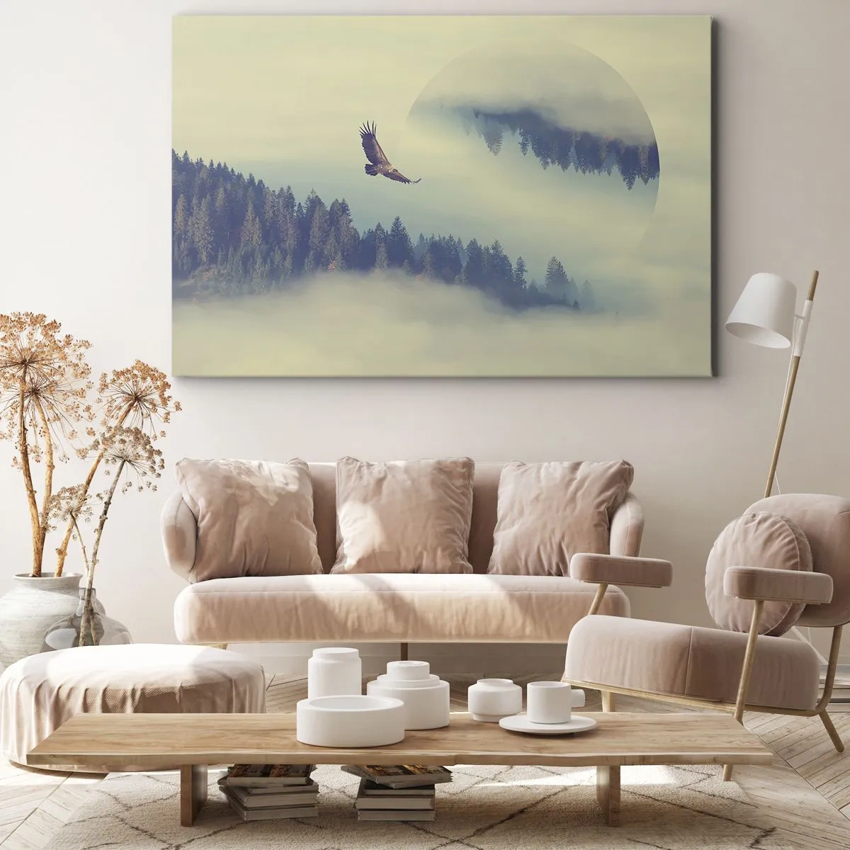 Canvas picture - An eagle in flight against a backdrop of misty mountains with an artistic circular motif - 70x50cm - Flying Eagle  - Modern wall decoration for the living room and bedroom ARTTOR