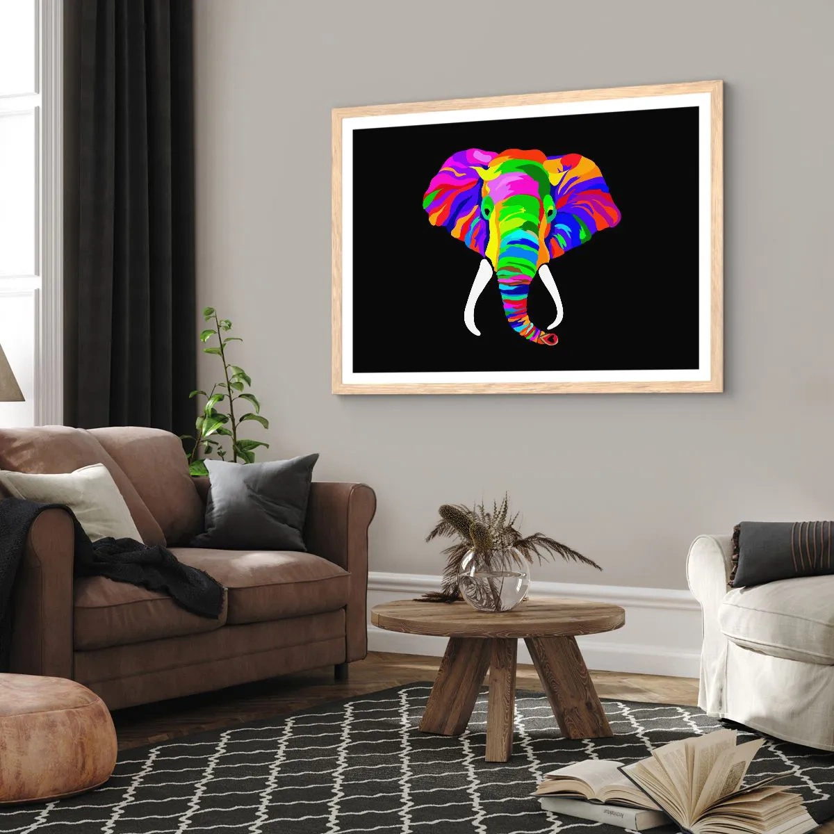 Poster in light oak frame - Elephant That Enjoyed Rainbow Bath - 100x70 cm
