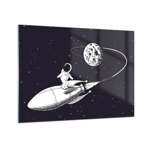 Glass picture - Cartoon astronaut surfing in space on a rocket - 70x50cm - Space Surfer - Modern wall decoration for the living room and bedroom ARTTOR