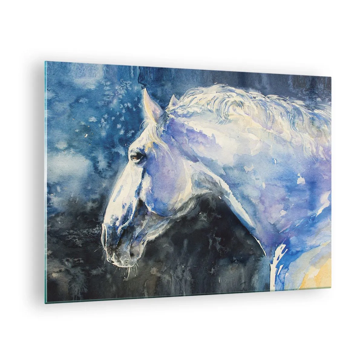 Glass picture - Watercolor portrait of a horse in shades of blue - 70x50cm - Portrait in Blue Light - Modern wall decoration for the living room and bedroom ARTTOR