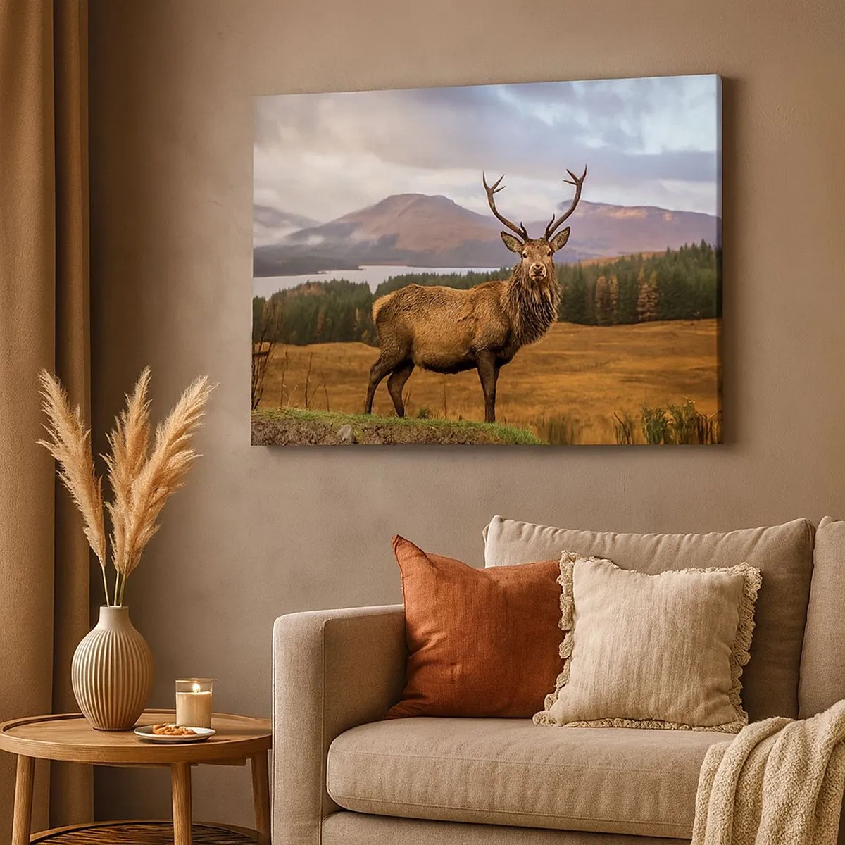 Canvas picture - A deer against the backdrop of a mountain landscape with lakes and forest - 70x50cm - Majesty of Nature - Modern wall decoration for the living room and bedroom ARTTOR