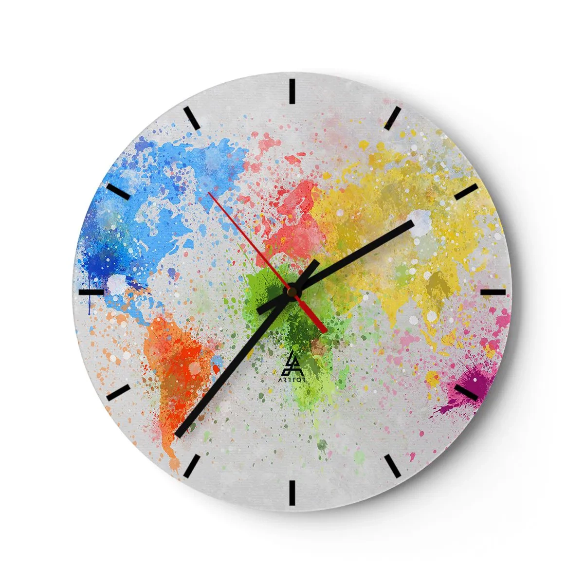 Wall clock - Clock on glass - colorful map of the world in the form of watercolor spots - 30x30cm - All the Colours of the World - Modern wall decoration for the living room, kitchen, and bedroom ARTTOR