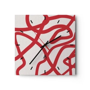 Wall clock - Clock on glass - Red on White - 30x30 cm