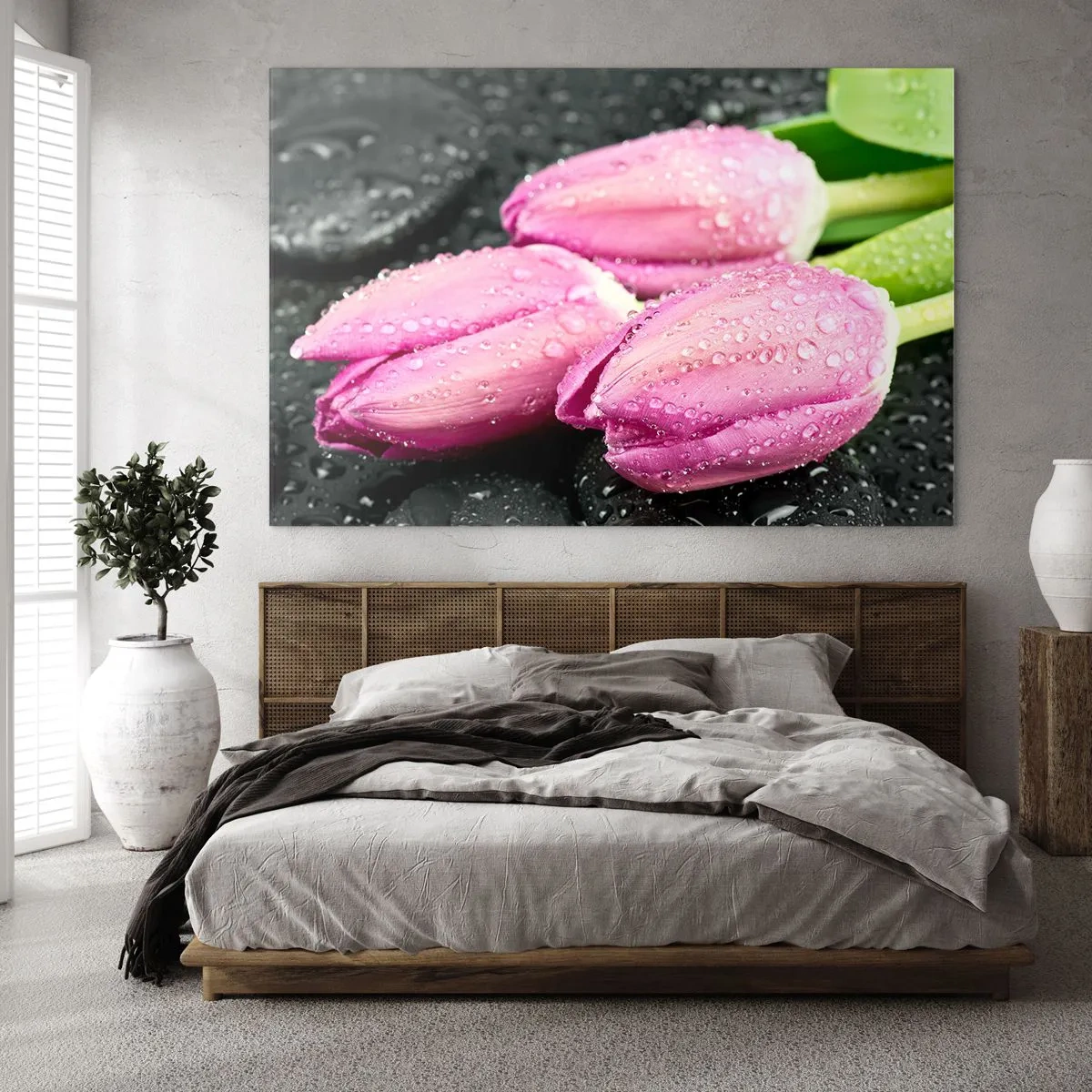 Glass picture - Three pink tulips covered with water drops on a black background. - 70x50cm - Three Lilacs on a Black Stone - Modern wall decoration for the living room and bedroom ARTTOR