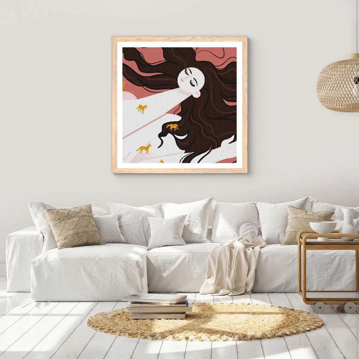 Poster in light oak frame - Dream of a Golden Horse - 50x50 cm