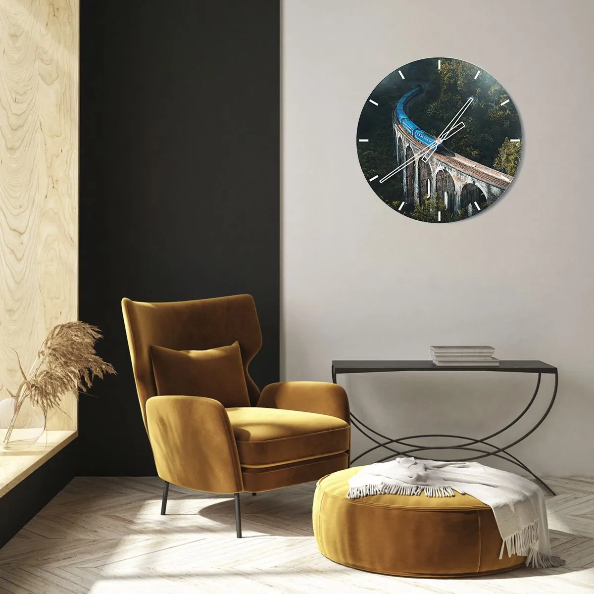 Wall clock - Clock on glass - train on a viaduct amidst tropical greenery - 30x30cm - Train through Nature - Modern wall decoration for the living room, kitchen, and bedroom ARTTOR