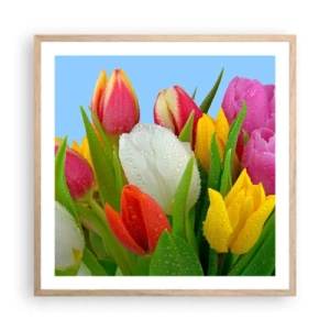 Poster in light oak frame - Floral Rainbow in Dew Drops - 60x60 cm