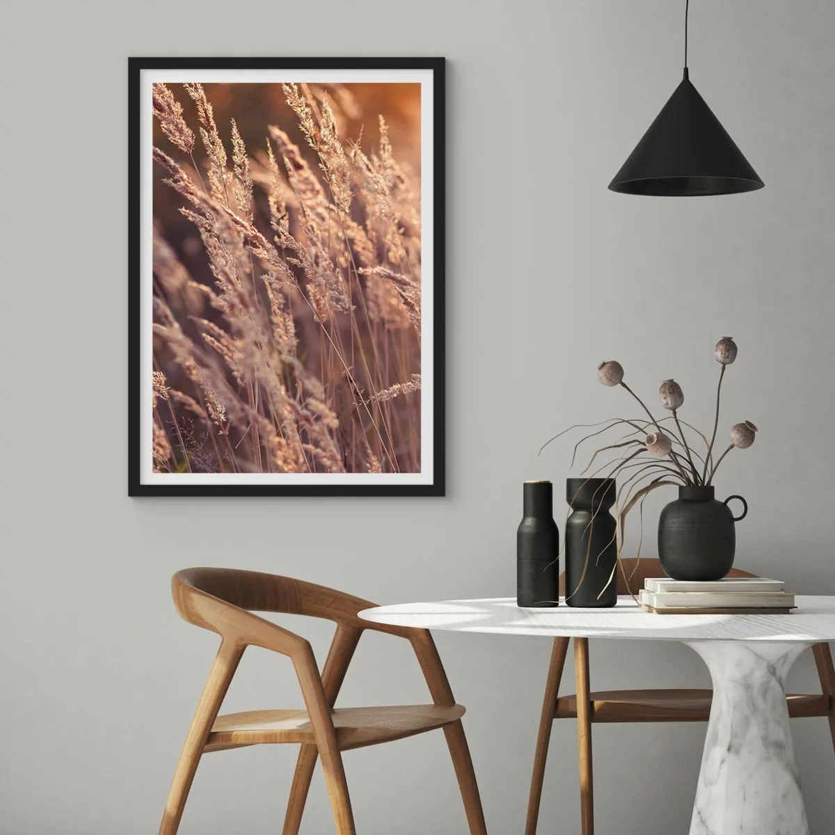 Poster in black frame - Golden ears of grass illuminated by the sun's rays - 50x70cm - Ready to Welcome Autumn - Modern wall decoration for the living room and bedroom ARTTOR