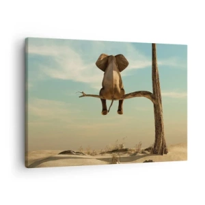 Canvas picture - An elephant sitting on a branch overlooking a desert landscape - 70x50cm - New Point of View - Modern wall decoration for the living room and bedroom ARTTOR