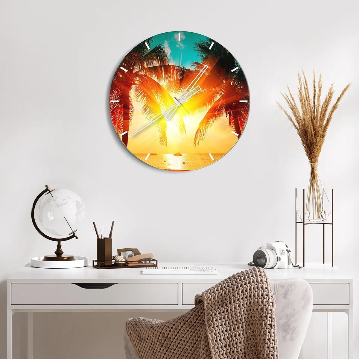 Wall clock - Clock on glass - Sunset behind palm trees over a tropical sea - 30x30cm - Exotic Couple - Modern wall decoration for the living room, kitchen, and bedroom ARTTOR