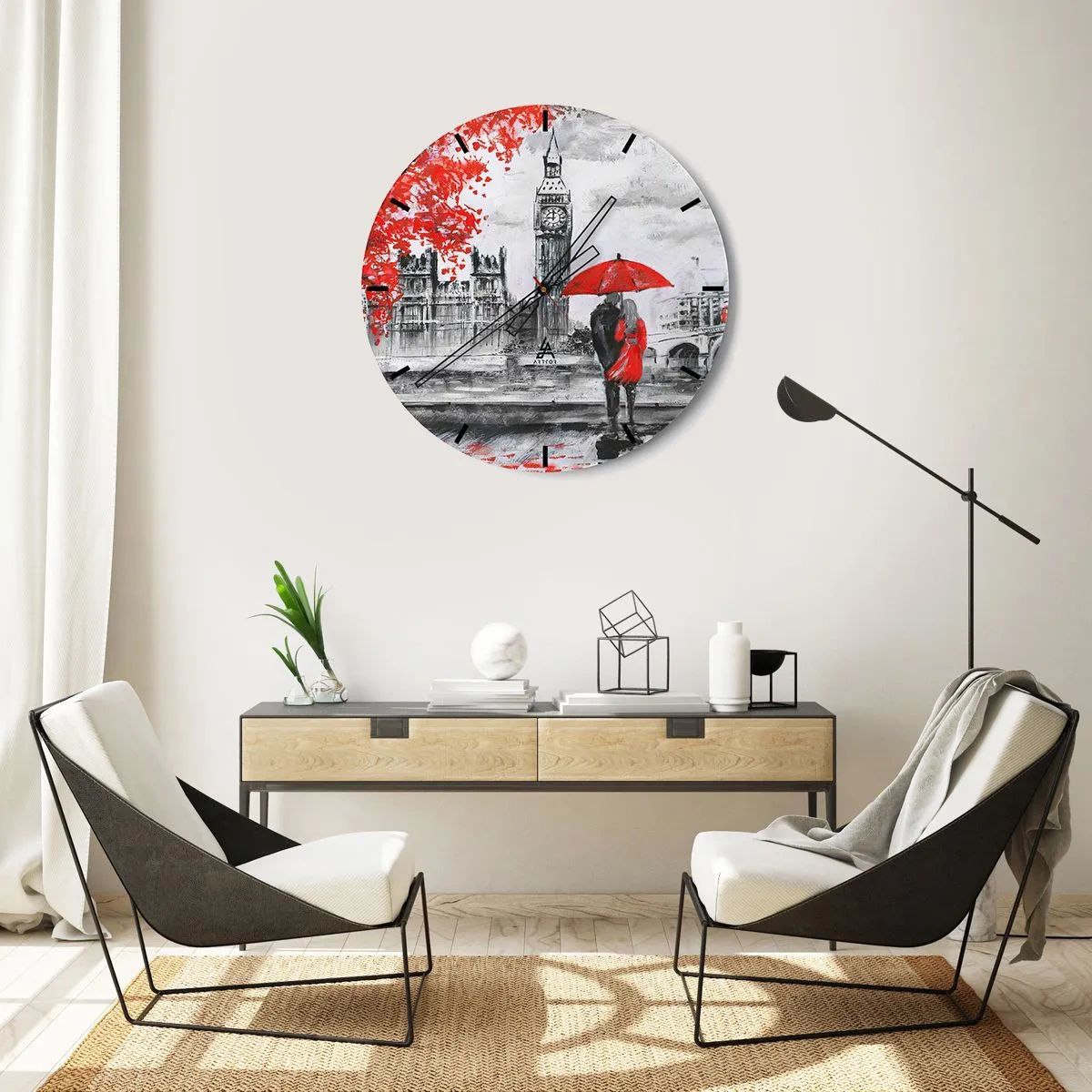 Wall clock - Clock on glass - A couple under a red umbrella with Big Ben and the Houses of Parliament in the background. - 30x30cm - In Love with London - Modern wall decoration for the living room, kitchen, and bedroom ARTTOR