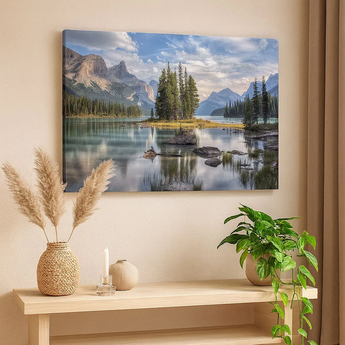 Canvas picture - A mountain landscape with an island surrounded by a calm lake - 70x50cm - By Big and Clear Waters - Modern wall decoration for the living room and bedroom ARTTOR