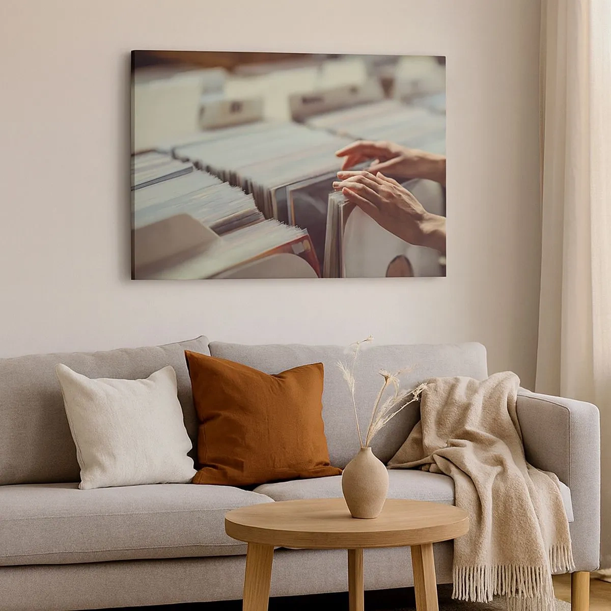 Canvas picture - Hands looking through a vinyl collection - 70x50cm - In Search of Good Vibes - Modern wall decoration for the living room and bedroom ARTTOR