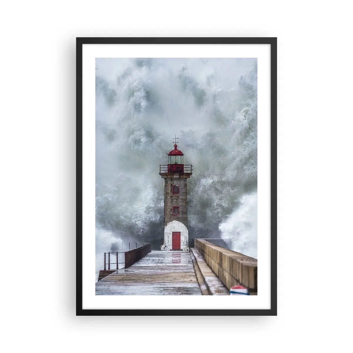 Poster in black frame - A lighthouse surrounded by powerful waves during a storm - 50x70cm - Roar of Waters, Whirr of the Wind - Modern wall decoration for the living room and bedroom ARTTOR