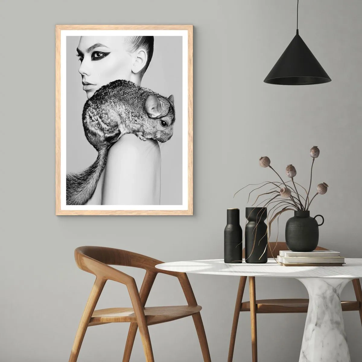 Poster in light oak frame - Lady with a Chinchilla - 50x70 cm