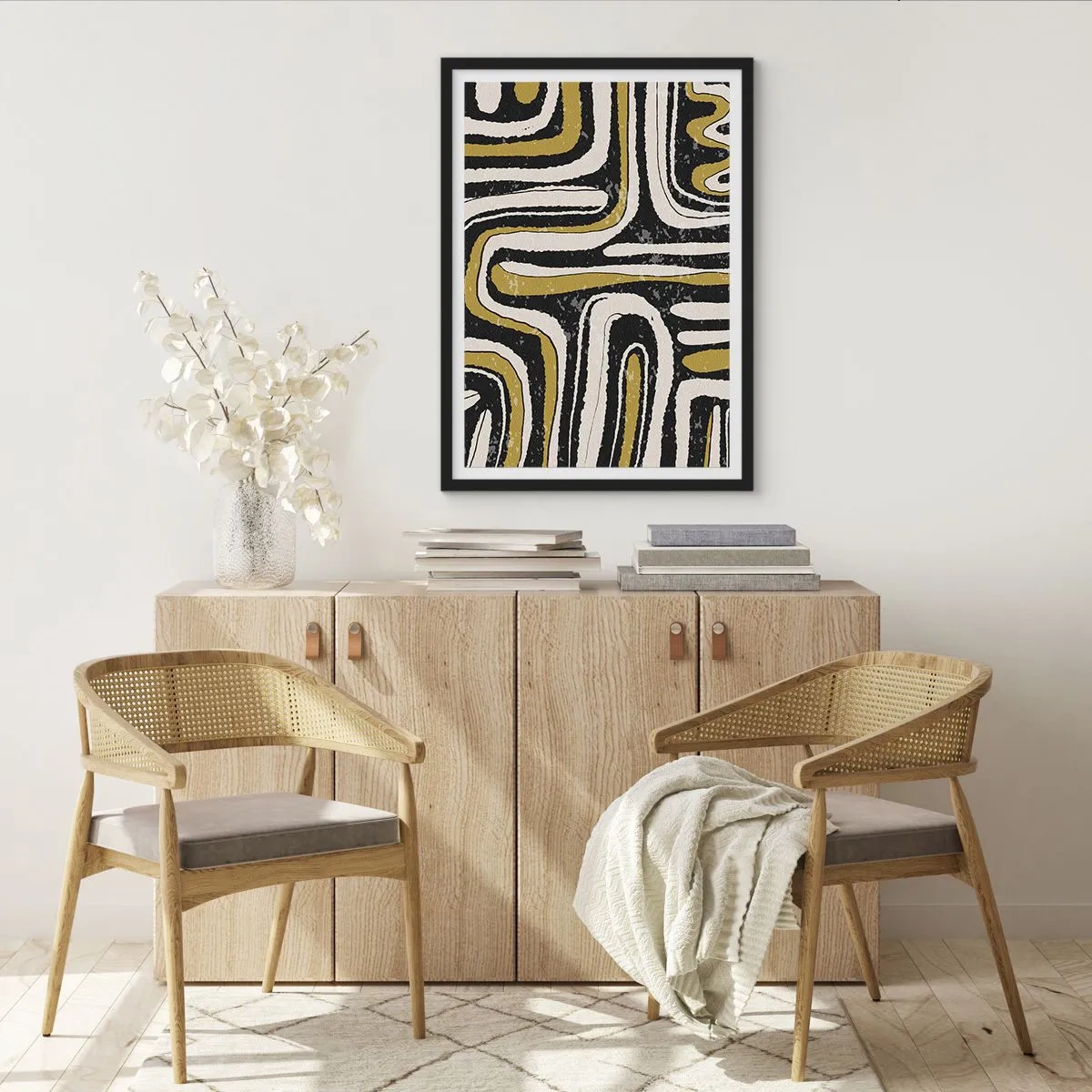 Poster in black frame - Geometric abstraction in black, beige and gold - 50x70cm - Compositions: Tracks and Alleys - Modern wall decoration for the living room and bedroom ARTTOR