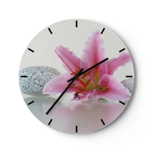 Wall clock - Clock on glass - A pink lily against a background of smooth stones in a bright arrangement - 30x30cm - Study in Pink, Grey and White - Modern wall decoration for the living room, kitchen, and bedroom ARTTOR
