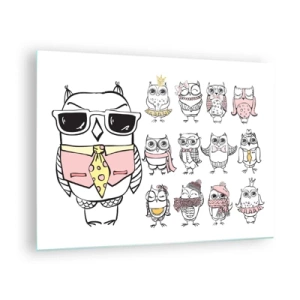 Glass picture - Funny drawings of owls in various styles - 70x50cm - So Many Roles to Play - Modern wall decoration for the living room and bedroom ARTTOR