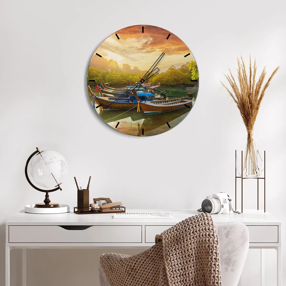 Wall clock - Clock on glass - Boats on the shore in the rays of the setting sun - 30x30cm - At the Start of a Busy Day - Modern wall decoration for the living room, kitchen, and bedroom ARTTOR